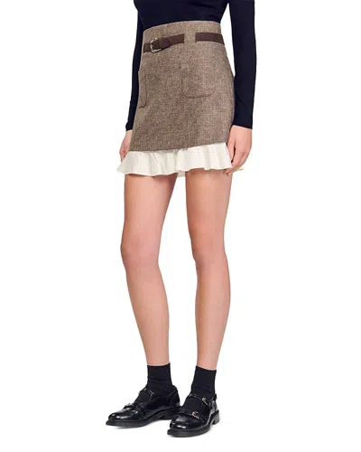Sandro Frill Hem Belted Mini Skirt In Brown