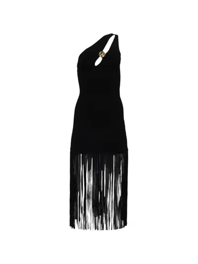 Pre-owned Sandro Fringe Trim Asymmetric Dress In Black