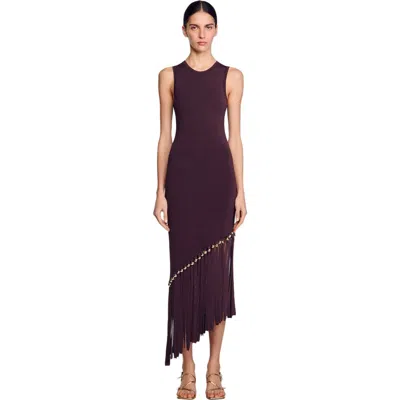 Sandro Fringed And Beaded Maxi Dress In Brown
