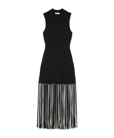 Sandro Fringed Dress In Black/ecru