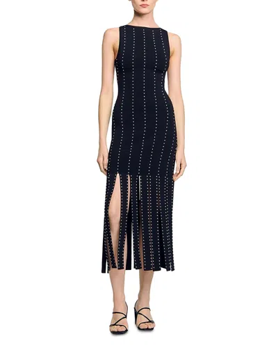 Sandro Fringed Knit Maxi Dress In Blue