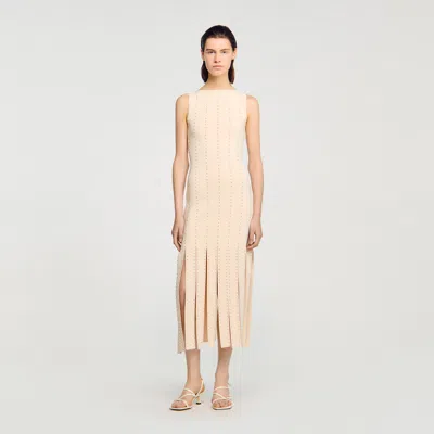 Sandro Fringed Knit Maxi Dress In Neutral