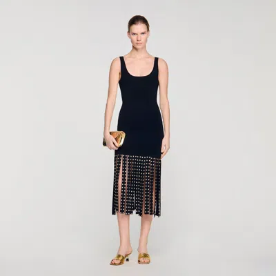 Sandro Fringed Knit Maxi Dress In Animal Print