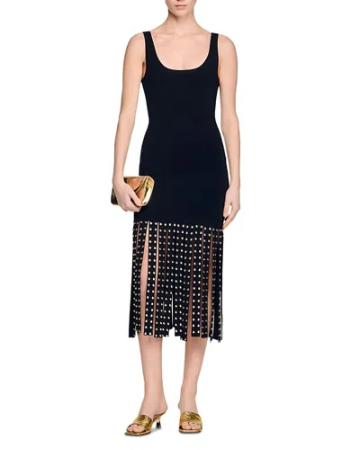Sandro Fringed Maxi Knit Dress In Black