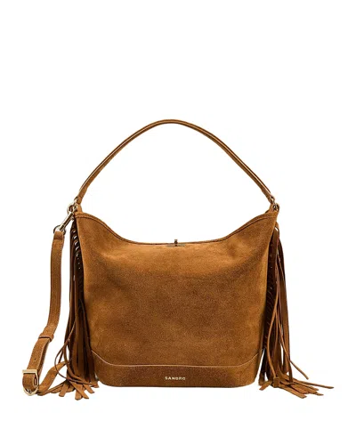Sandro Fringed Suede Bucket Bag In Brown