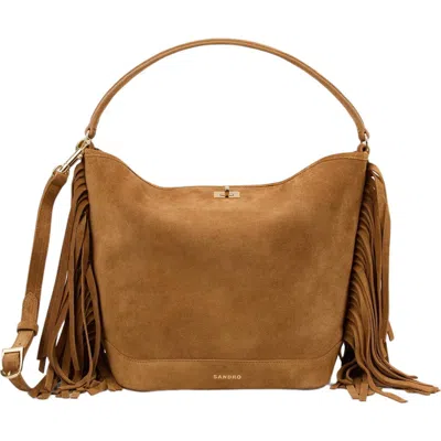 Sandro Fringed Suede Bucket Bag Tangoso In Brown