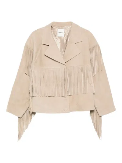 Sandro Fringed Suede Jacket In Neutral