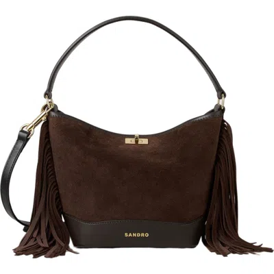 Sandro Fringed Suede Tangoso Bag In Brown