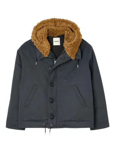 Sandro Fur-trim Button Jacket In Blue