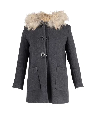 Sandro Fur Trimmed Hooded Coat In Grey Wool
