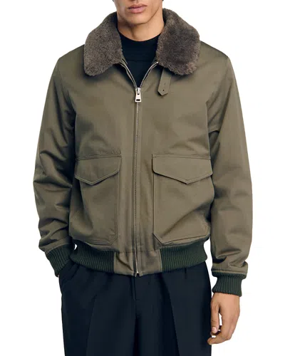 SANDRO SHEARLING COLLAR AVIATOR JACKET 