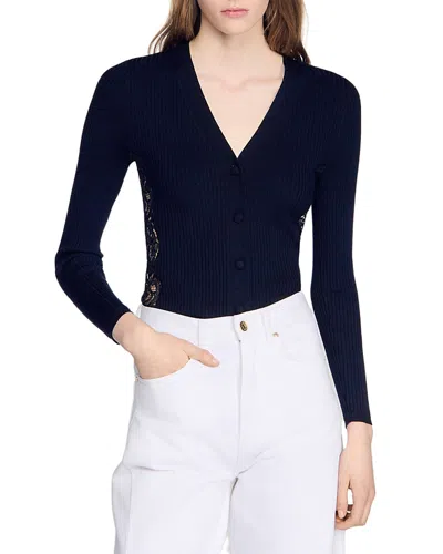 Sandro Gabriele Lace Panel Cardigan In Blue
