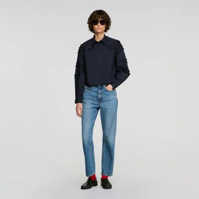 Sandro Gathered Rhinestone Cotton Shirt In Multi