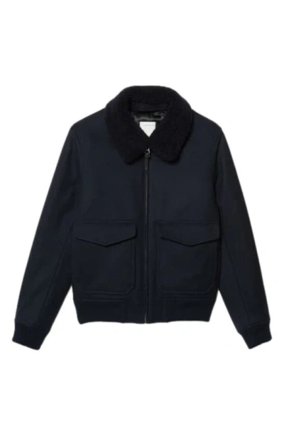 Sandro Genuine Shearling Collar Aviator Jacket In Marine