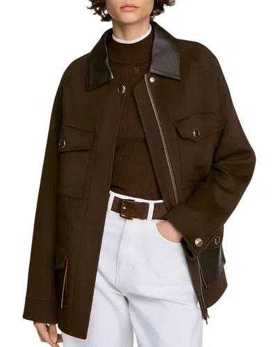 Sandro Gery Leather Trim Wool Jacket In Brown