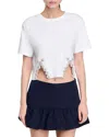 Sandro Womens Naturels Crystal-embellished Cut-out Cotton-blend T-shirt In White