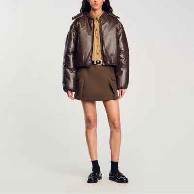 Sandro Glazed Leather Jacket In Brown