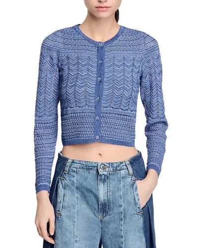 Sandro Glitter Crewneck Cardigan Sweater In Bleus
