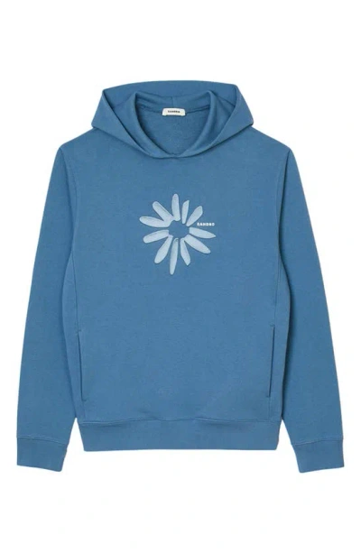 Sandro Glossy Flower Cotton Graphic Hoodie In Blue Grey
