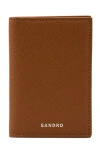 Sandro Mens Cognac Grained Leather Card Holder In Brown