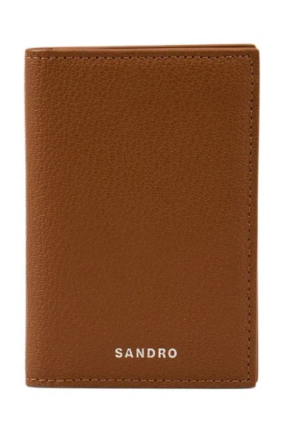Sandro Grained Leather Foldable Cardholder In Brown