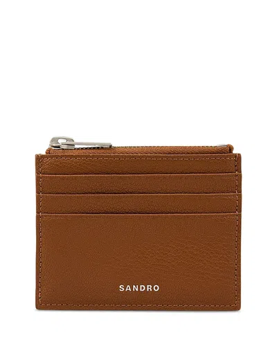 Sandro Grained Leather Zip Card Holder In Brown
