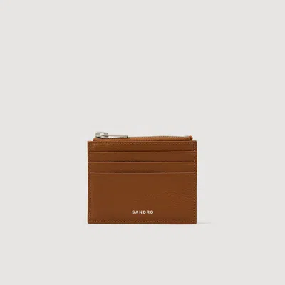 Sandro Grained Leather Zip Card Holder In Brown