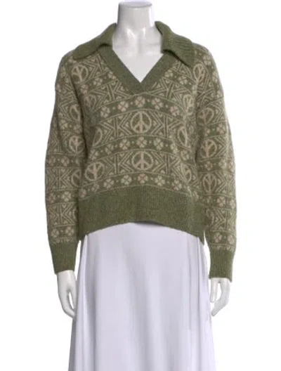 Pre-owned Sandro Graphic Print V-neck Sweater In Green