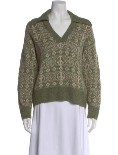 Pre-owned Sandro Graphic Print V-neck Sweater In Green