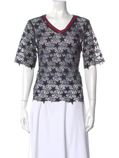 Pre-owned Sandro Graphic Print V-neck Top In Blue