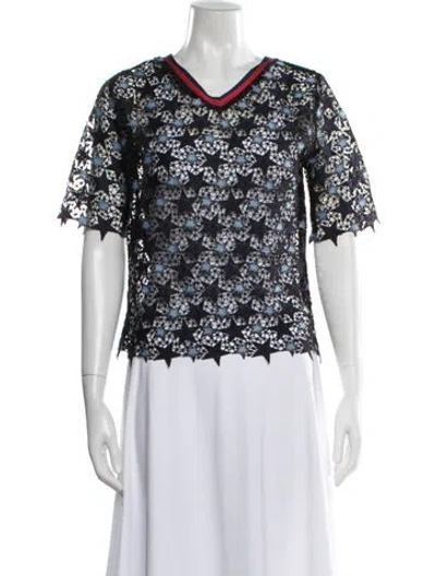 Pre-owned Sandro Graphic Print V-neck Top In Blue