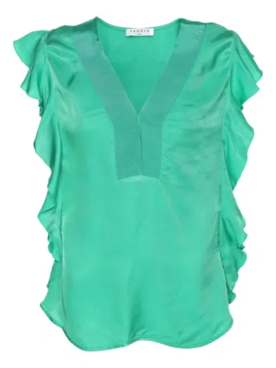 Pre-owned Sandro Ruffled Crepe Top In Green