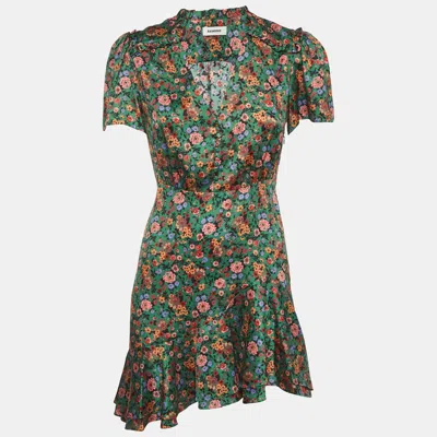 Pre-owned Sandro Green Floral Print Sateen Ruffle Marta Mini Dress S