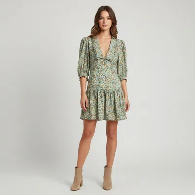 Pre-owned Sandro Green Floral Print Silk Plunge Neck Mini Dress M
