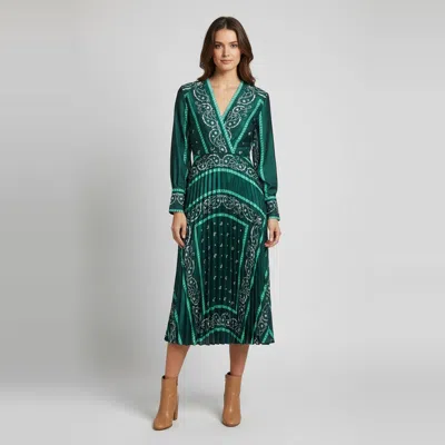 Pre-owned Sandro Green Paisley Print Satin Plissé Midi Dress M