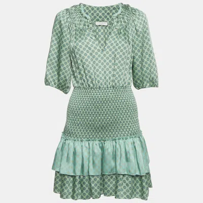 Pre-owned Sandro Green Printed Faille Smocked Detail Mini Dress S