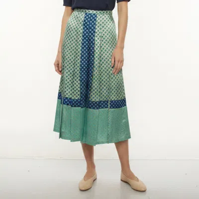 Pre-owned Sandro Green Printed Satin Pleated Midi Skirt Xs