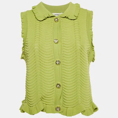 Sandro Green Textured Knit Frilled Sleeveless Top