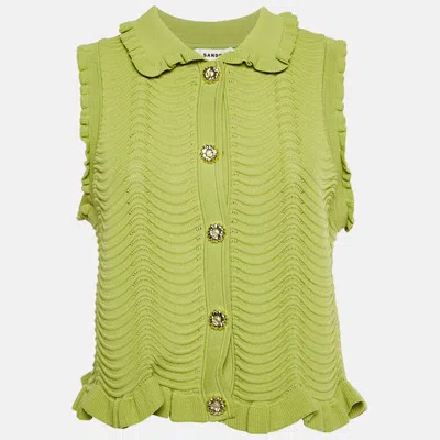 Pre-owned Sandro Green Textured Knit Frilled Sleeveless Top Xl