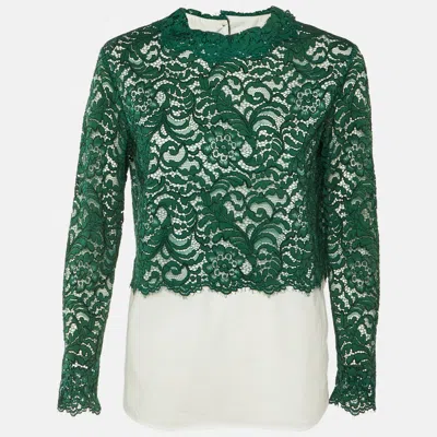 Pre-owned Sandro Green /white Cotton & Lace Overlay Malia Top L