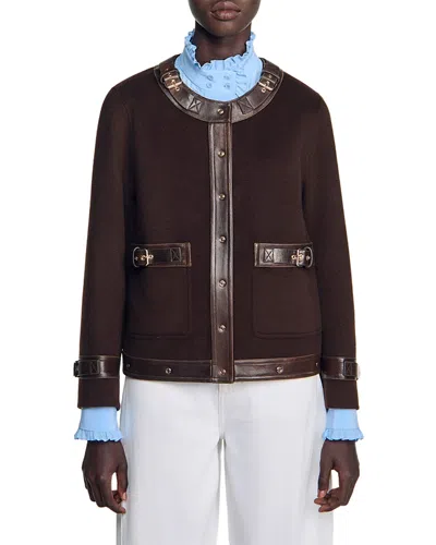 Sandro Greenwich Wool Blend Leather Trim Jacket In Black