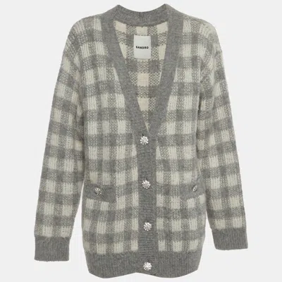 Pre-owned Sandro Grey Check Jacquard Fuzzy Knit Wool V-neck Ontario Cardigan M