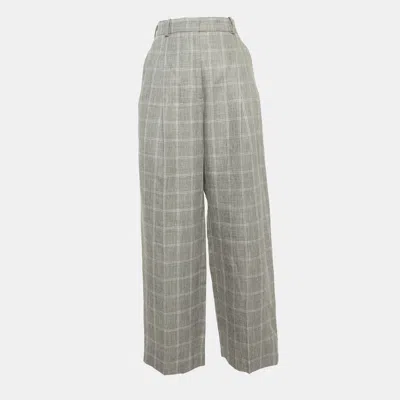Pre-owned Sandro Grey Checks Linen Blend Trousers S In Gray