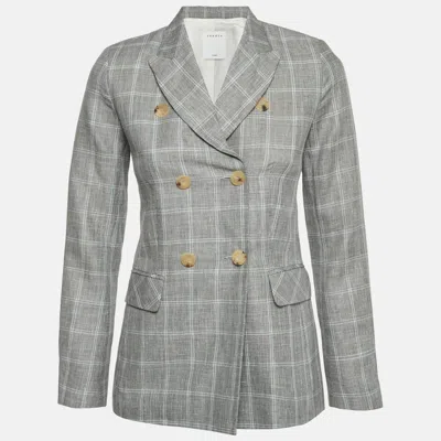 Pre-owned Sandro Grey Plaid Linen Blend Double Breasted Blazer Xs In Gray