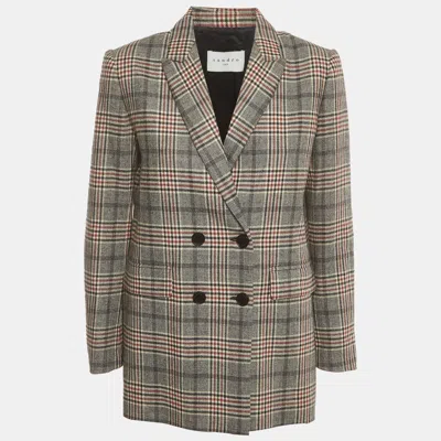 Pre-owned Sandro Grey Plaid Wool Blend Double Breasted Lauryn Blazer M
