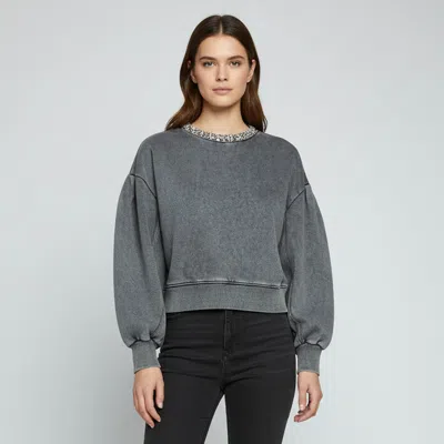 Pre-owned Sandro Grey Rhinestone Embellished Neck Cotton Cropped Geode Sweatshirt Xs