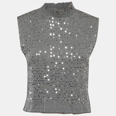 Pre-owned Sandro Grey Sequins Smocked Knit Sleeveless Top L In Gray