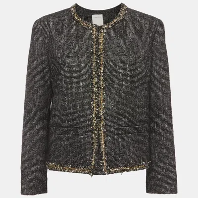Pre-owned Sandro Grey Tweed Metallic Chain Trim Cropped Jacket L