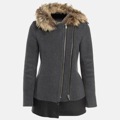Pre-owned Sandro Grey Wool Blend And Fur Hooded Coat Xs