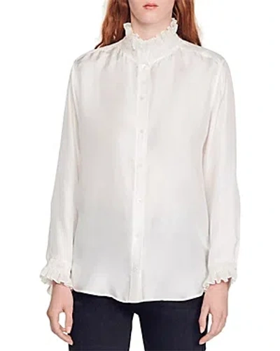 SANDRO HABY RUFFLED TRIM SILK SHIRT